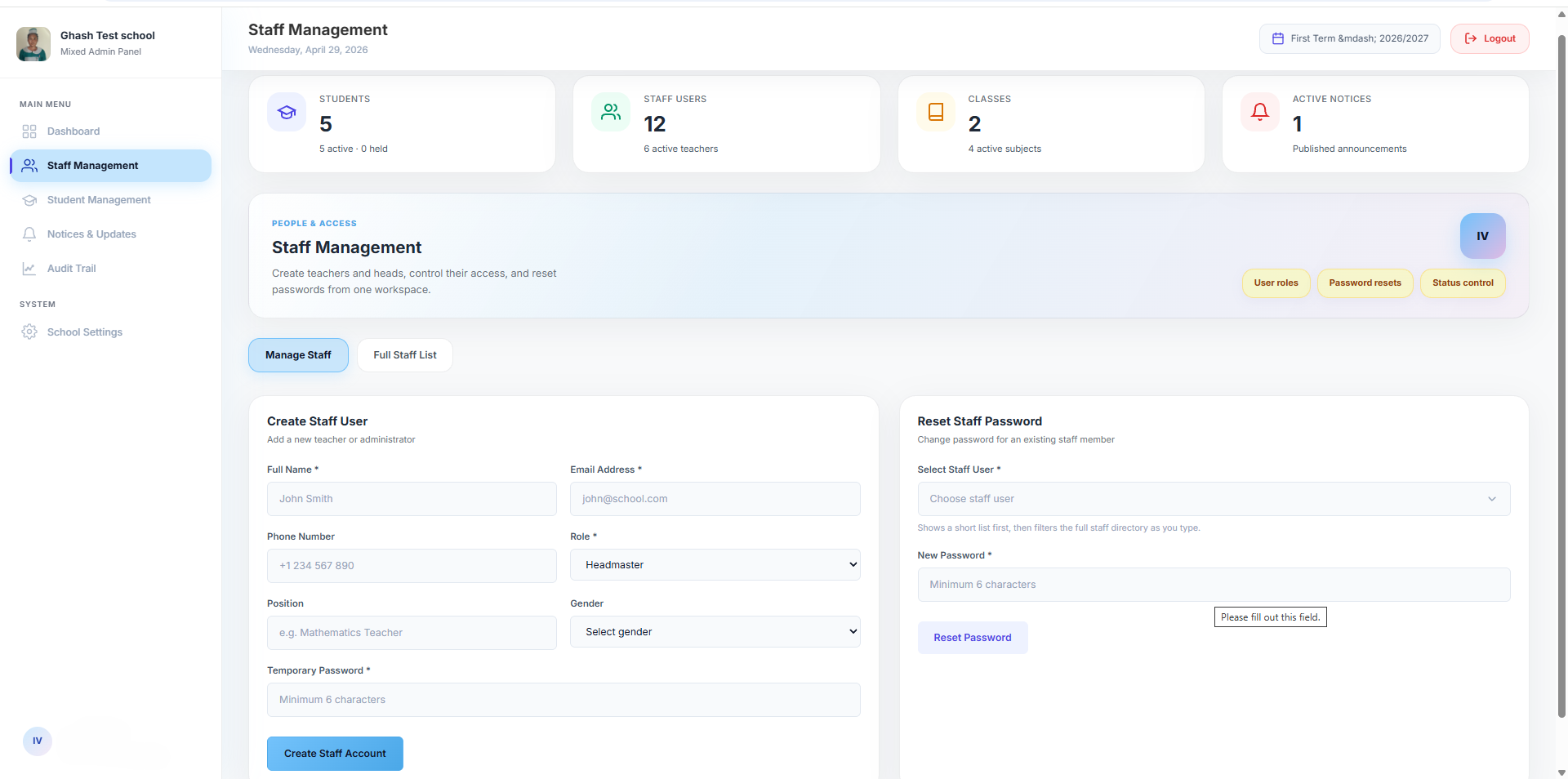 Modern School dashboard preview